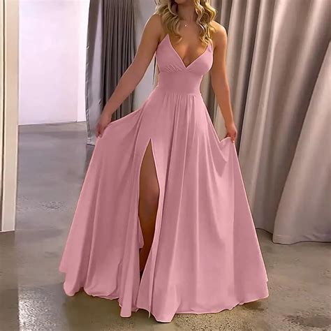 Frauen Ballkleid Split Saum Plissee Boden Langes Abendkleid Low Cut V