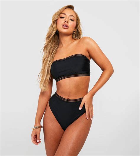 Buy Boohoo Mesh Detail Bandeau High Waisted Bikini Set In Black