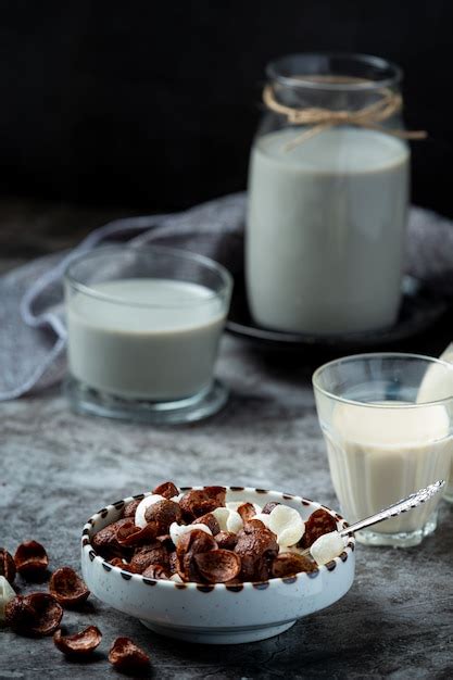 Un Bol De Céréales Céréales Au Chocolat Mélangé Avec Du Lait Pour Le