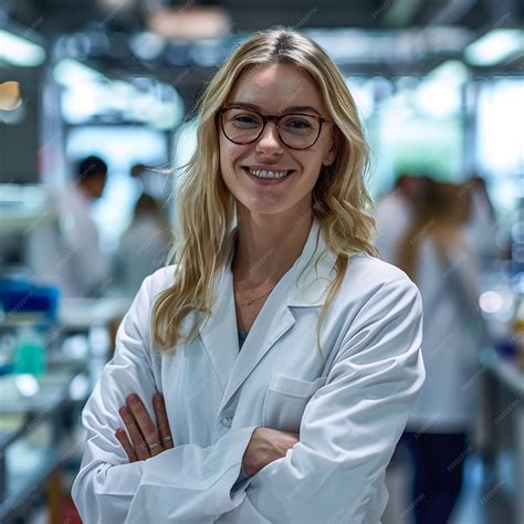 Premium Photo A Woman In A Lab Coat Stands In Front Of A Counter With