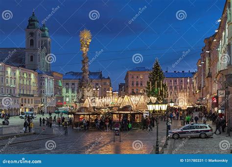 Christmas Market At Main Square Of Linz In Dusk Austria Editorial