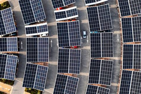 Aerial View Of Solar Panels On A Parking Lot Rooftop Stock Image