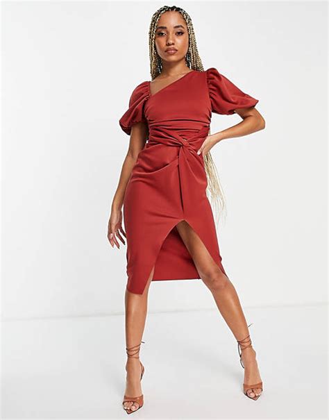 Asos Design Asymmetric Puff Sleeve Knot Tuck Midi Dress In Terracotta