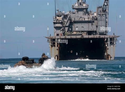 Marines Approach The Well Deck Of The Amphibious Dock Landing Ship Uss