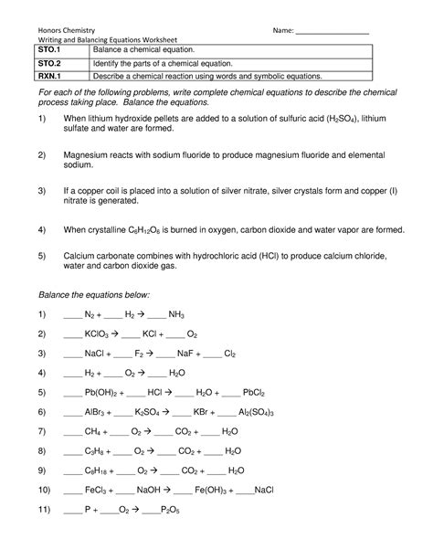 Worksheet Balancing Equations W Answers Writing And Balancing