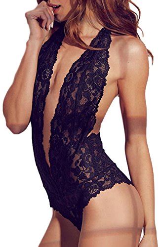 Womens Open Back Halter Plunging Teddy Comfortable Scalloped Trim Lace Lingerie Kavarli