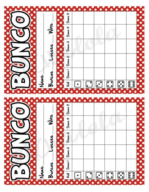 Red Polka Dot Bunco Score Card Score Sheet Bunko Party Spring Scorecard Summer Theme Group