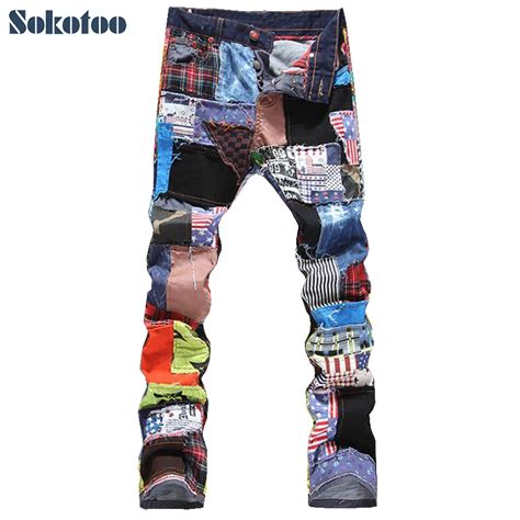 Sokotoo Men S Patchwork Spliced Ripped Denim Jeans Male Fashion Slim