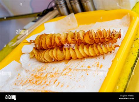 Spiral Potatoes Fried On Wooden Sticks Spiral Selling Food At The