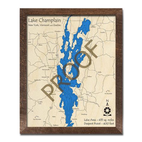 Lake Champlain NY 3D Wood Map Laser Etched Nautical Decor