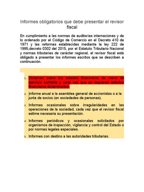 Informes Obligatorios Que Debe Presentar El Revisor Fiscal Pdf Contabilidad Contralor