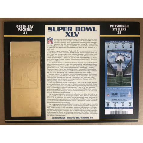 2011 Commemorative Super Bowl XLV Card With 22kt Gold Ticket Packers