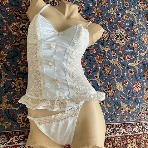 Romantic Blue And Cream Lingerie Set Bust Depop