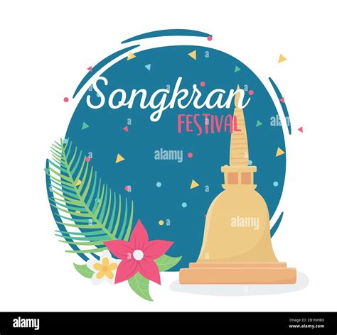 Songkran Festival Pagoda Thai Place Flowers Foliage Celebration Design Vector Illustration Stock