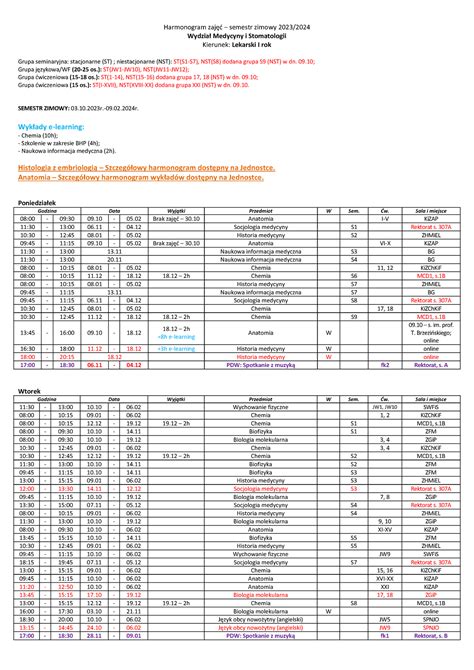 Lekarski rok I 08 12 2023 Harmonogram zajęć semestr zimowy 2023