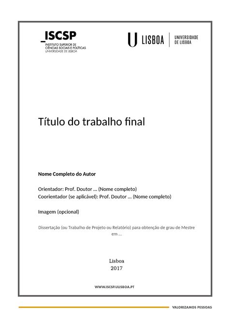 Layout Capa Mestrados Iscsp Ulisboa T Tulo Do Trabalho Final Nome