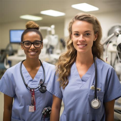 Premium Photo Two Female Doctors In Blue Scrubs Smiling At The Camera