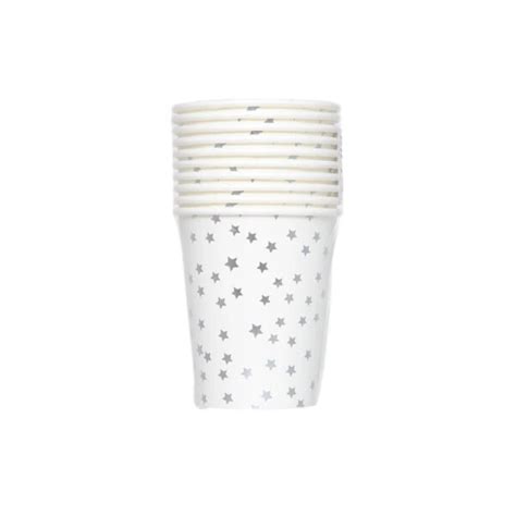 Vaso Polipapel Blanco Estrellas Stamping Plateado x 10 Cotillón Party