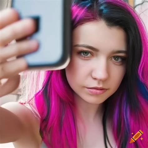 Girl With Pink And Black Hair Taking A Selfie On Craiyon