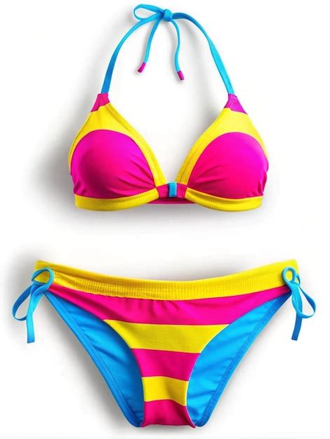 A Pink And Blue Bikini With A Yellow Stripe And The Bottom Has A Blue Stripe Premium AI