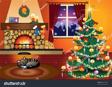 Christmas Tree Home Living Room Fire Stock Vector 64158364 Shutterstock