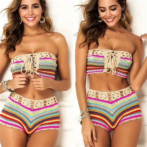 Fashion Colorful Stripes Bathing Suit Sexy Women Crochet Bikini Set Swimwear Crochet Crop Top