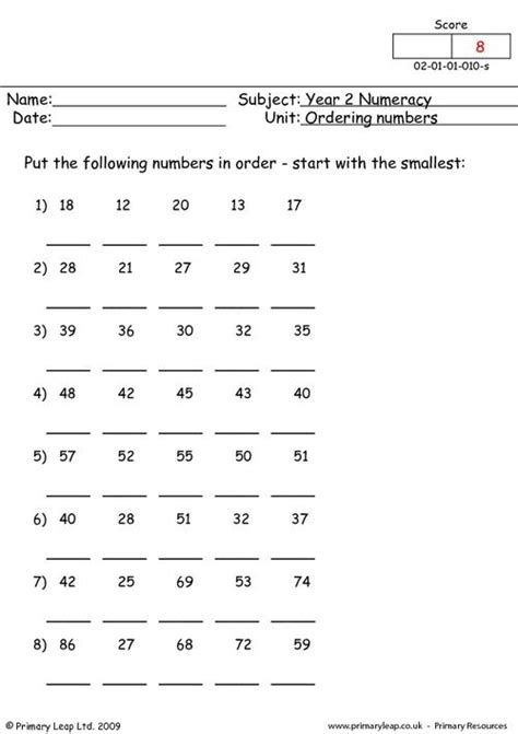 Numeracy Ordering Numbers 3 Worksheet Uk