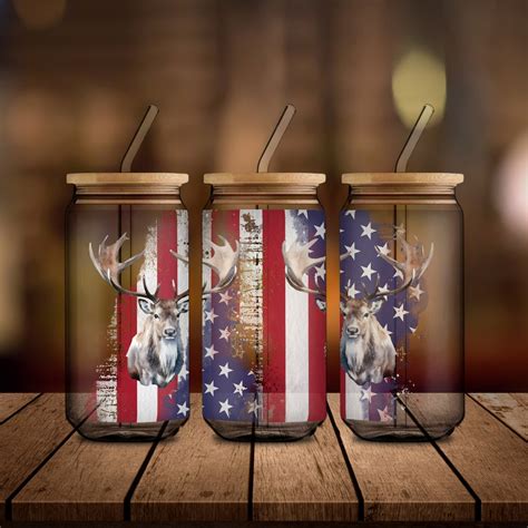 Patriotic Deer American Flag Stripes Stars Oz Glass Can Wrap