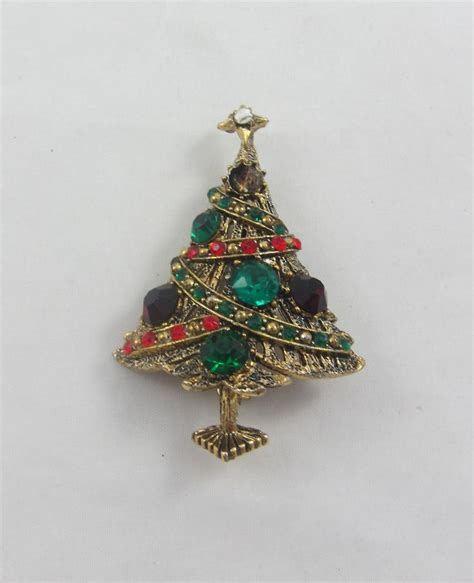 Signed Hollycraft Gold Tone Rhinestone Christmas Tree Brooch Etsy