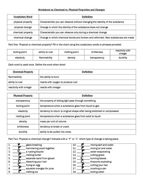 Worksheet On Chemical Vs Physical Properties And Changes Study