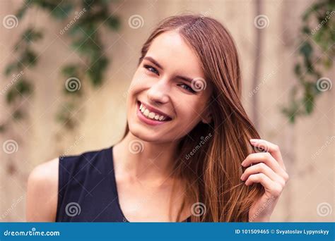 Smiling Attractive Girl Touching Hair Stock Image Image Of Model