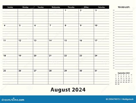 August 2024 Monthly Business Desk Pad Calendar Stock Vector