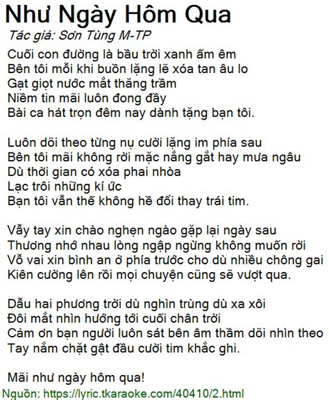 Loi bai hat Nhu Ngay Hom Qua (Son Tung M-TP) [co nhac nghe]