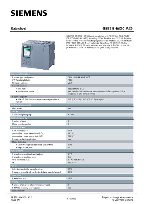 Siemens SIMATIC S7 1500 CPU 1518 4 PN DP MFP