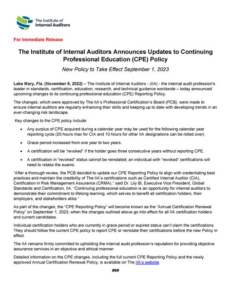 The Institute Of Internal Auditors Announces Updates To Continuing Professional Education Cpe