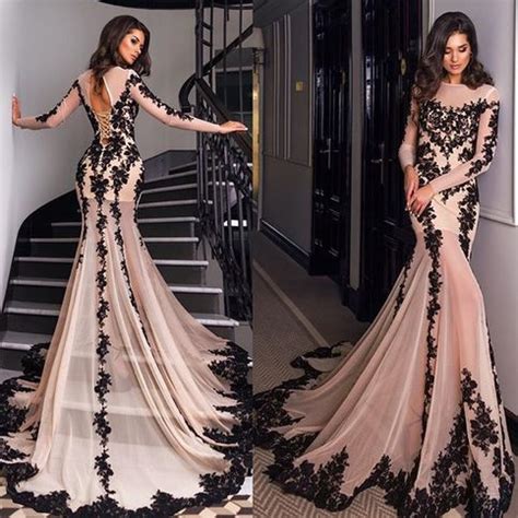 Mermaid Lace Appliques Nude Sheer Long Sleeves Sexy Black Evening Gowns On Storenvy