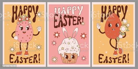 Happy Easter Posters Collection Retro Cartoon Characters Easter Eggs And Cake Cupcake With Bunny