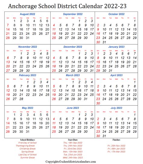 Anchorage School District 2022-2023 Calendar With Holidays