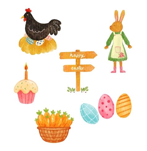 Premium Vector Set Of Easter Elements Watercolor Vector Illustration