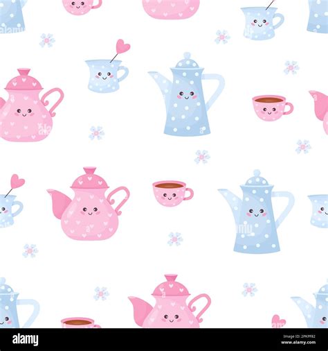 Seamless Pattern With Cute Cups And Teapots On White Background Vector