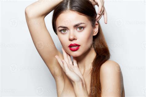 Lady Spa Treatments Nude Shoulders With Lipstick And Hands Near The