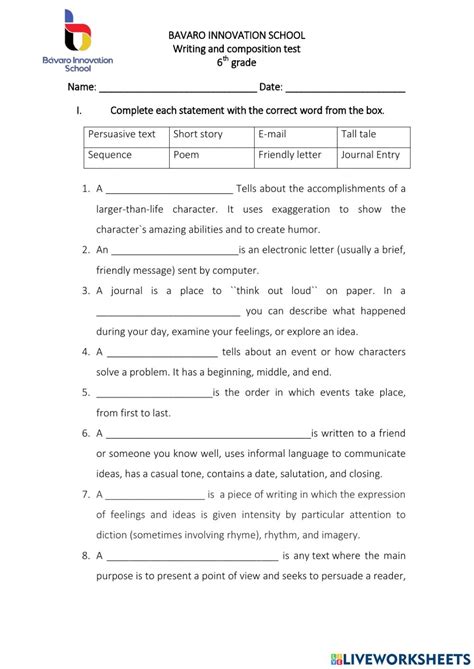 Writing Worksheets For 6th Graders Printable Worksheets