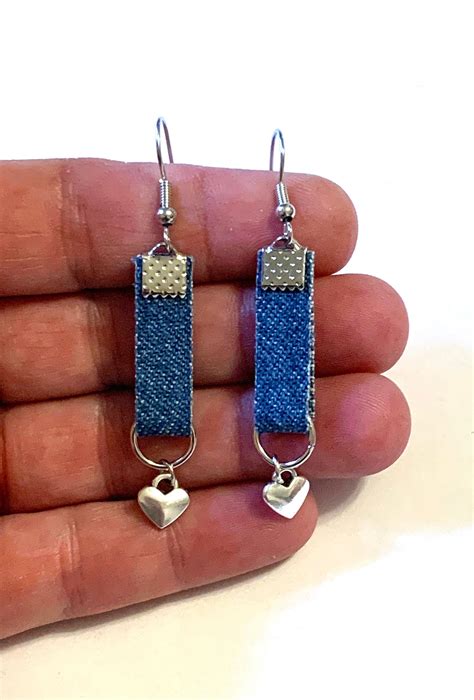 Excited To Share This Item From My Etsy Shop Blue Jean Denim Fabric Geometric Heart Earrings