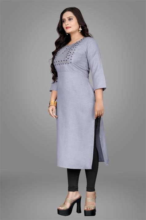 Buy Sky Cloud Women Grey Embroidered Cotton Blend Straight Kurta L