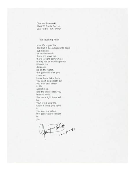 The Laughing Heart Manuscript Poem Signed By Bukowski