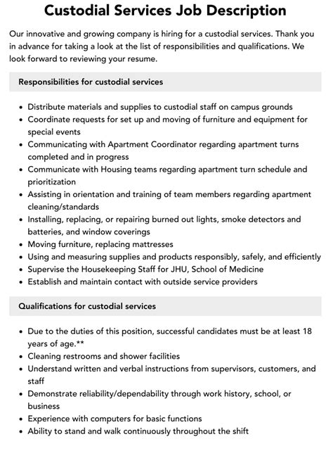 Custodial Services Job Description Velvet Jobs