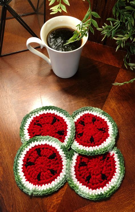 Crochet Fruit Slice Coasters Set Of Watermelon Slice Etsy Uk