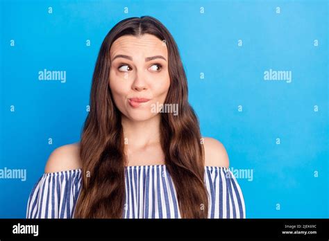 Photo Of Adorable Guilty Young Lady Wear Off Shoulders Clothes Biting