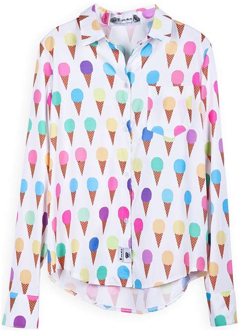 White Long Sleeve Ice Cream Print Blouse Fashion