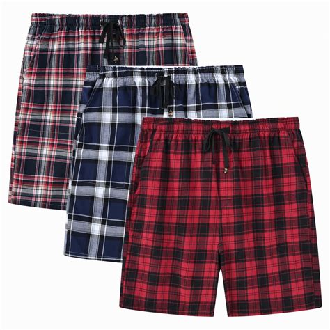 Mens 3 Pack Woven Pajama Shorts Cotton Plaid Sleep Lounge Shorts With